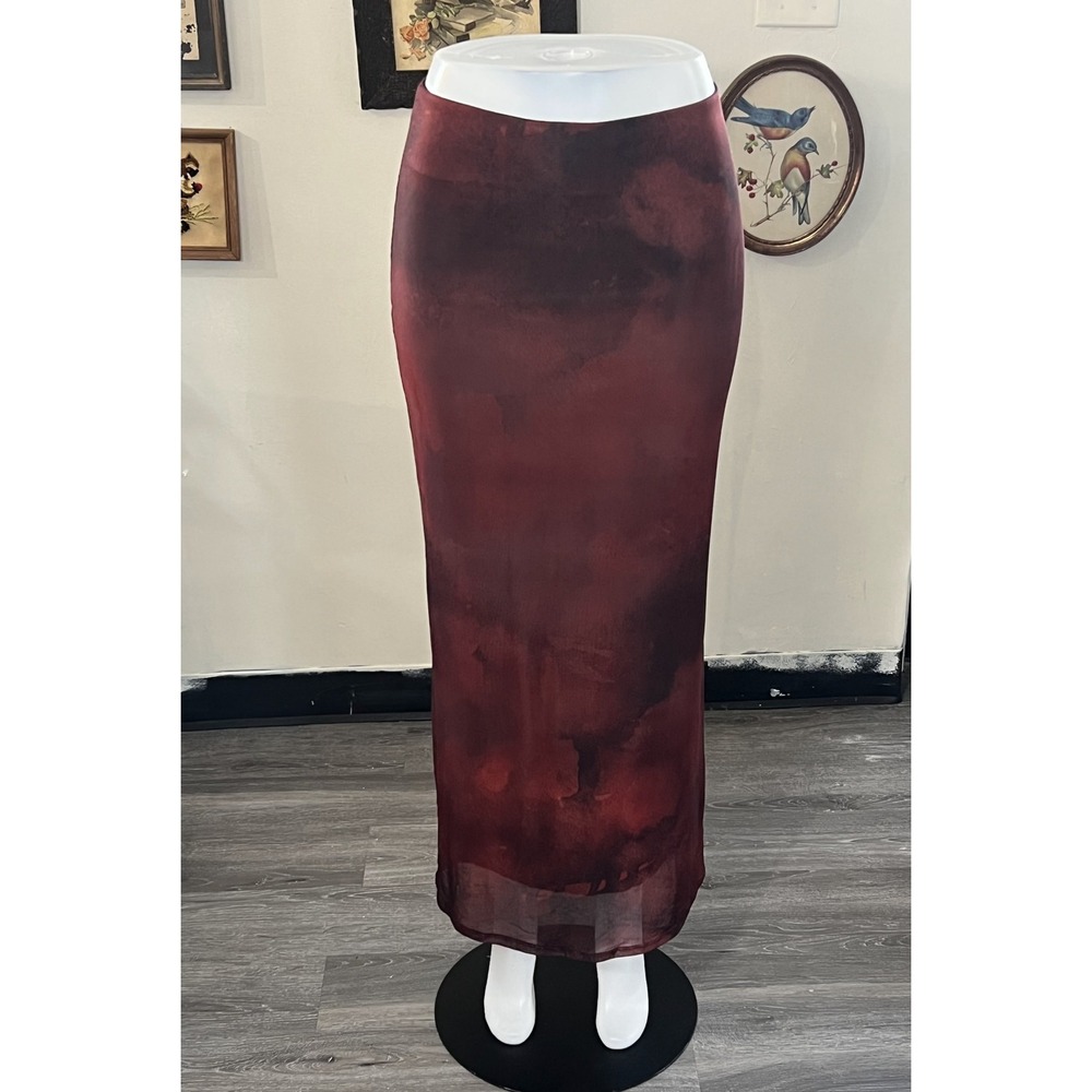 12th Tribe Burgundy Red Abstract Watercolor Mesh Maxi Column Skirt XS